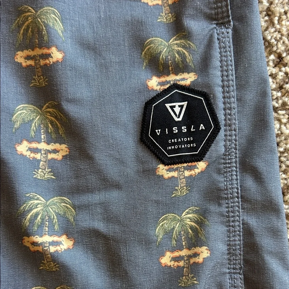 VISSLA Blue Swim Shorts with Green & Tan Palm Print